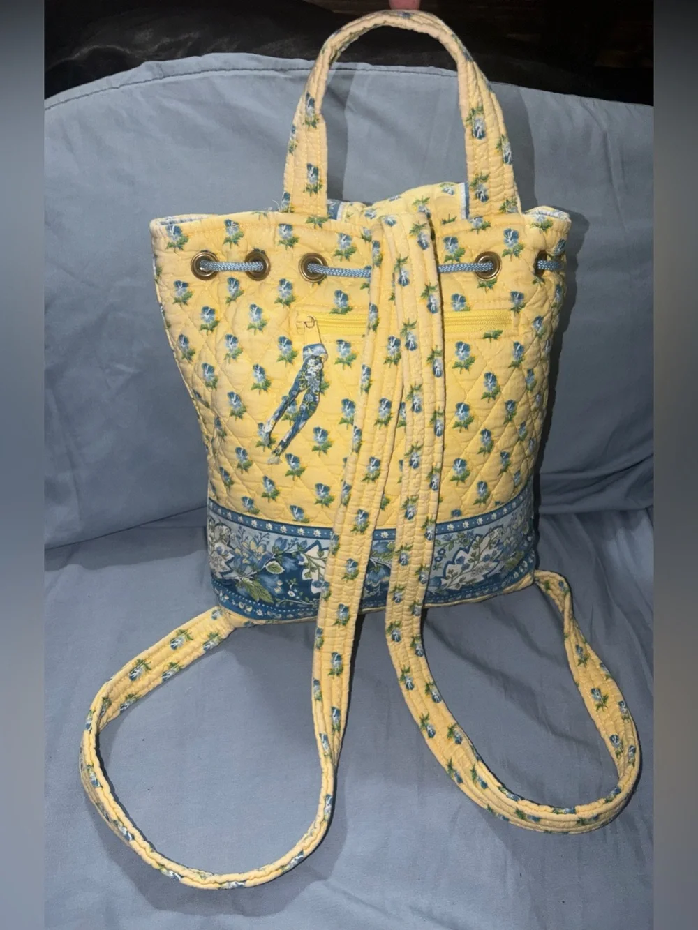 Vera Bradley Yellow Quilted Floral Backpack with Blue Accents